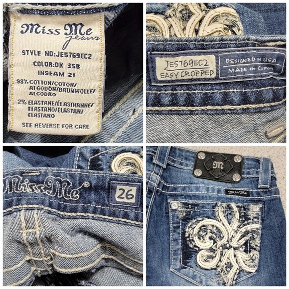 Miss Me Womens Blue Denim Easy Cropped Jeans Embellished Low Rise Size 26 - Picture 5 of 12